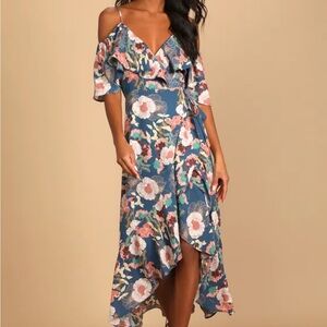 Lulu’s Fully Bloomed Blue Floral Print Off-the-Shoulder Maxi Wrap Dress